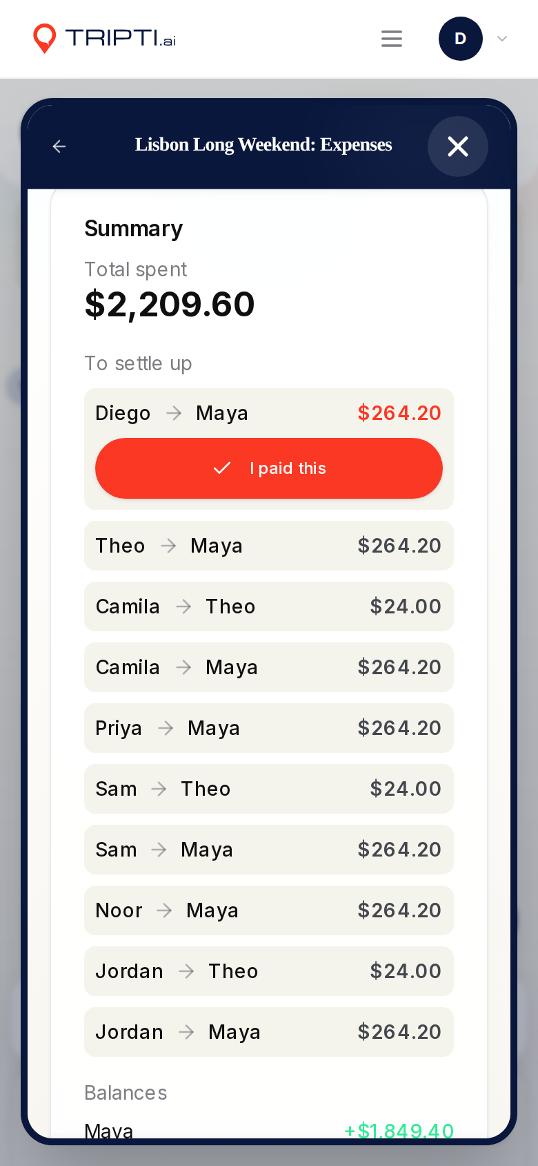 The To settle up list showing who owes whom, with an I paid this button